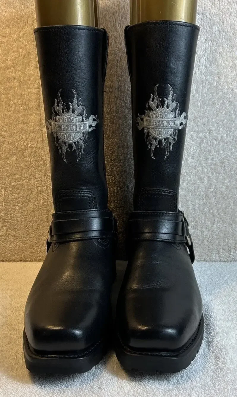 Harley Davidson Motorcycle Boots Men's Size 8.5 Black Leather Embroidered